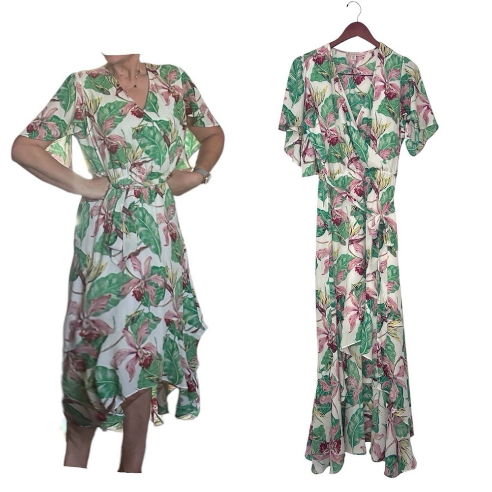 Elaine rose tropical floral wrap dress ruffle flower print large